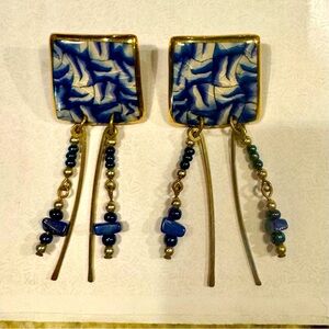 Blue and White Gold Tone Earrings